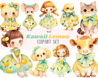 Watercolour Lemon Clipart Kawaii Lemonade Girl PNG Digital Image Download for Card Making Scrapbook Junk Journal Paper Craft