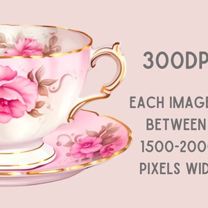 May include: A pink teacup and saucer with a floral design. The cup and saucer have a gold trim. The image is 300 DPI and each image is between 1500-2000 pixels wide.
