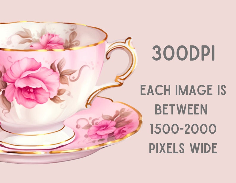 May include: A pink teacup and saucer with a floral design. The cup and saucer have a gold trim. The image is 300 DPI and each image is between 1500-2000 pixels wide.
