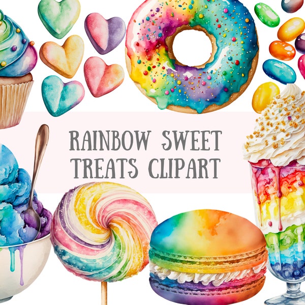 Watercolour Rainbow Sweet Treats Clipart - Donut Lollipop PNG Digital Image Downloads for Card Making, Scrapbook, Junk Journal, Paper Crafts