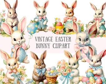 Akvarell Vintage påskhare Clipart Retro påskhare PNG Digitala bilder Nedladdningar för korttillverkning Scrapbook Junk Journal Papperspyssel