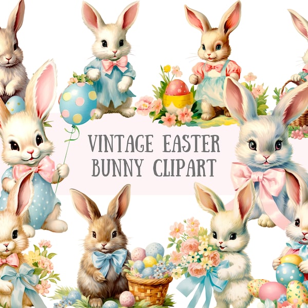 Watercolour Vintage Easter Bunny Clipart Retro Easter Rabbit PNG Digital Image Downloads for Card Making Scrapbook Junk Journal Paper Crafts