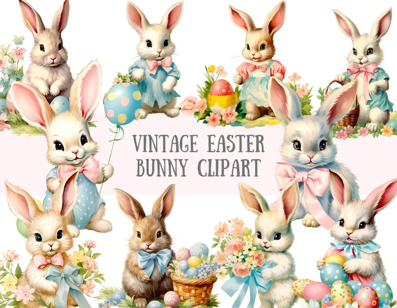 Puede incluir: Clipart de conejito de Pascua vintage con diez conejitos adorables en varias poses. Algunos conejitos sostienen huevos de Pascua, flores y cestas. Los conejitos son blancos con acentos rosados y azules. El texto "Vintage Easter Bunny Clipart" se muestra en el centro de la imagen.