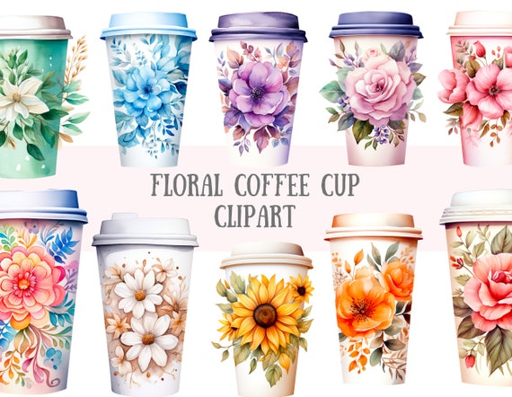 Watercolour Floral Coffee Cup Clipart Cute Coffee PNG Digital Image Downloads for Card Making Scrapbook Junk Journal Paper Crafts