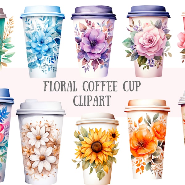 Watercolour Floral Coffee Cup Clipart Cute Coffee PNG Digital Image Downloads for Card Making Scrapbook Junk Journal Paper Crafts