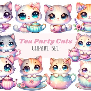 Acquerello Tea Party Cat Clipart Cute Tea Time Cat Teacup PNG Download di immagini digitali per la realizzazione di cartoline Scrapbook Junk Journal Paper Crafts