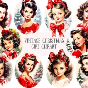 Aquarell Vintage Weihnachten Mädchen Clipart Xmas Mode PNG digitale Bild-Downloads für die Kartenherstellung Scrapbook Junk Journal Papierfertigkeit