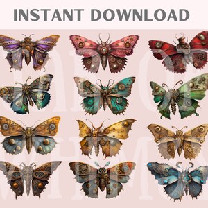 May include: Twelve digital illustrations of steampunk butterflies with intricate gears and metallic details. The butterflies are in various colors, including purple, pink, red, green, blue, and gold.