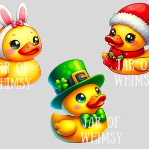 May include: Three yellow rubber duckies with different themed hats. The first duck is wearing a pink bunny hat with ears. The second duck is wearing a green leprechaun hat with a shamrock. The third duck is wearing a red Santa hat. Each duck has the text "JAR OF WHIMSY" printed on its chest.