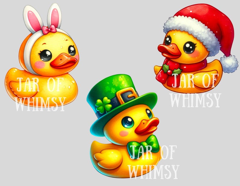 May include: Three yellow rubber duckies with different themed hats. The first duck is wearing a pink bunny hat with ears. The second duck is wearing a green leprechaun hat with a shamrock. The third duck is wearing a red Santa hat. Each duck has the text "JAR OF WHIMSY" printed on its chest.