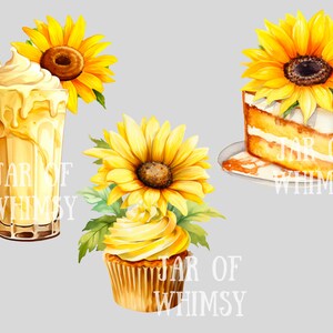 Puede incluir: Tres ilustraciones de acuarela con girasoles y golosinas de verano. Un batido con crema batida, una magdalena con glaseado amarillo y una rebanada de pastel con un girasol en la parte superior. Cada ilustraci&oacute;n incluye el texto "Jar of Whimsy".