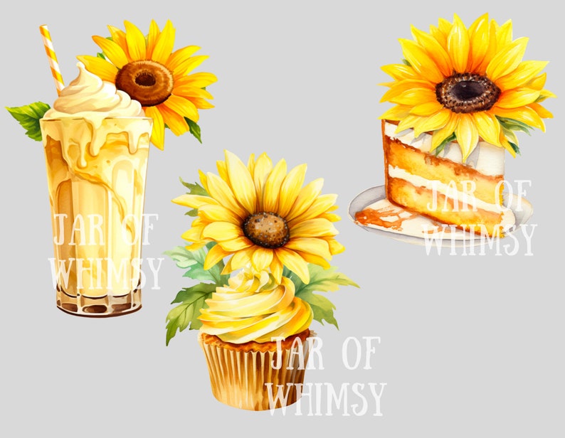 Puede incluir: Tres ilustraciones de acuarela con girasoles y golosinas de verano. Un batido con crema batida, una magdalena con glaseado amarillo y una rebanada de pastel con un girasol en la parte superior. Cada ilustraci&oacute;n incluye el texto "Jar of Whimsy".