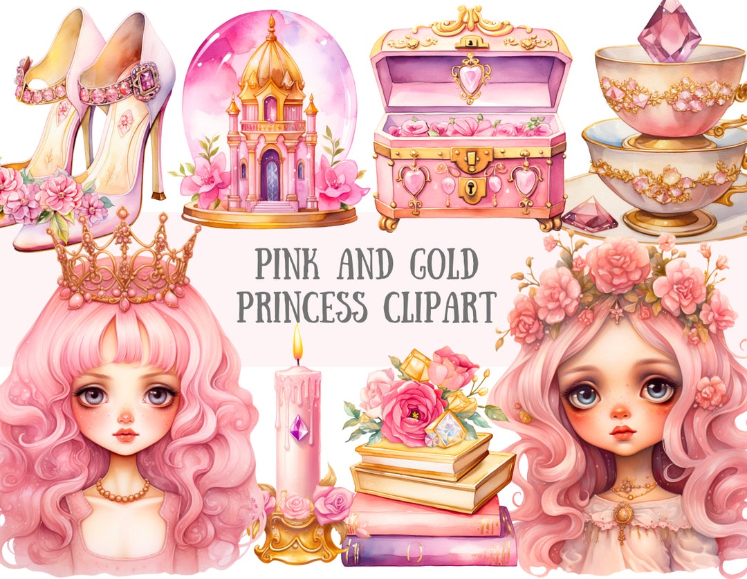 Watercolour Pink and Gold Princess Clipart Fantasy Girl PNG Digital ...