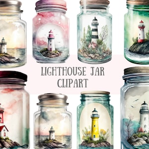 Puede incluir: Nueve ilustraciones de acuarela de faros dentro de frascos de vidrio. Cada frasco tiene un fondo de color diferente y un diseño de faro diferente. Los frascos están dispuestos en tres filas de tres. El texto "LIGHTHOUSE JAR CLIPART" está escrito en letras negras debajo de los frascos.