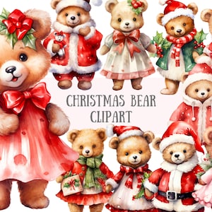 Aquarel kerstbeer clipart kerstmis teddyberen png digitale afbeelding downloads voor kaarten maken plakboek junk dagboek papier ambacht