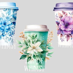 May include: Three disposable coffee cups with floral designs. The cups are white with a blue, purple, and green floral pattern. The text "Jar of Whimsy" is printed on each cup.