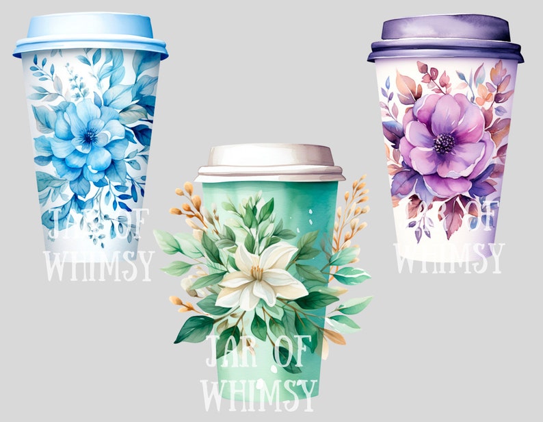 May include: Three disposable coffee cups with floral designs. The cups are white with a blue, purple, and green floral pattern. The text "Jar of Whimsy" is printed on each cup.