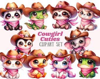 May include: A set of ten digital clipart images featuring cute cartoon animals wearing cowboy hats and pink bandanas. The animals include a panda, alligator, sloth, lamb, penguin, elephant, duck, unicorn, frog, and cat.