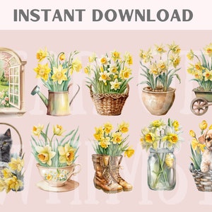 May include: A digital clipart set featuring watercolor illustrations of daffodils in various settings. The set includes a window with a garden view, a watering can, a basket, a potted plant, a wheelbarrow, a teacup, a mason jar, boots, and a basket with a puppy.