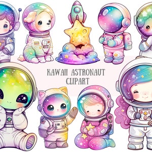 Acuarela Kawaii Astronauta Clipart Chibi Alien Galaxy PNG Descarga de imagen digital para hacer tarjetas Scrapbook Junk Journal Paper Crafts