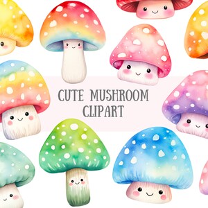 Aquarela Cogumelo Fofo Clipart Kawaii Cogumelo Toadstools Downloads de imagens digitais PNG para fazer cartões Scrapbook Junk Journal Artesanato em papel