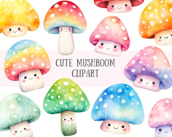 Watercolour Cute Mushroom Clipart Kawaii Mushroom Toadstools PNG Digital Image Downloads for Card Making Scrapbook Junk Journal Paper Crafts