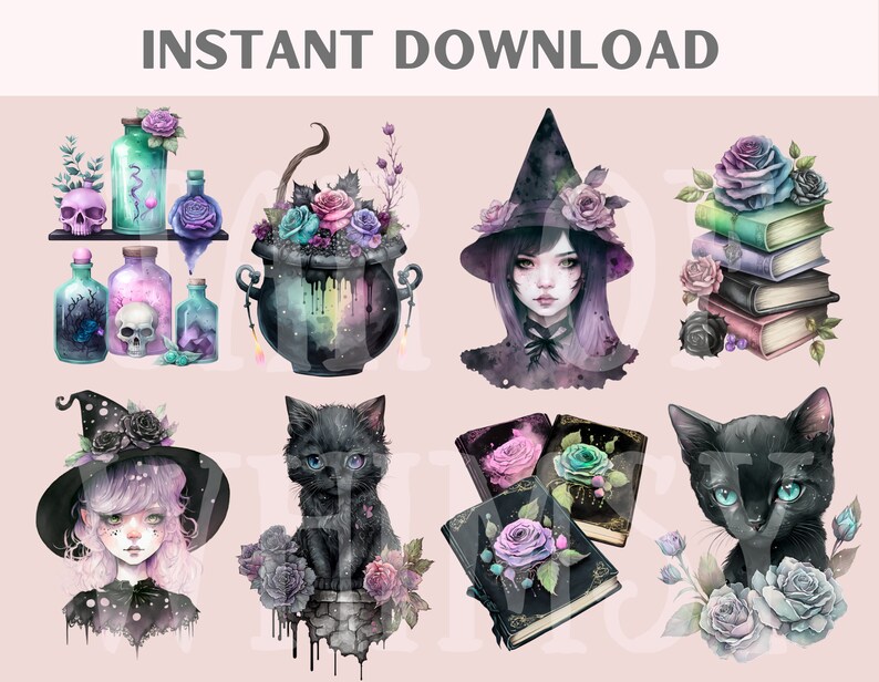 Watercolour Pastel Goth Witch Clipart Dark Fairytale Fantasy Etsy