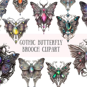 Aquarell Gothic Schmetterling Brosche Clipart Edelstein Schmuck PNG digitales Bild Downloads für die Kartenherstellung Scrapbook Junk Journal Papierhandwerk