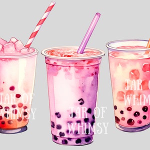 May include: Three clear plastic cups filled with pink and white bubble tea with tapioca pearls. The cups have straws and the text "JAR OF WHIMSY" is printed on each cup.