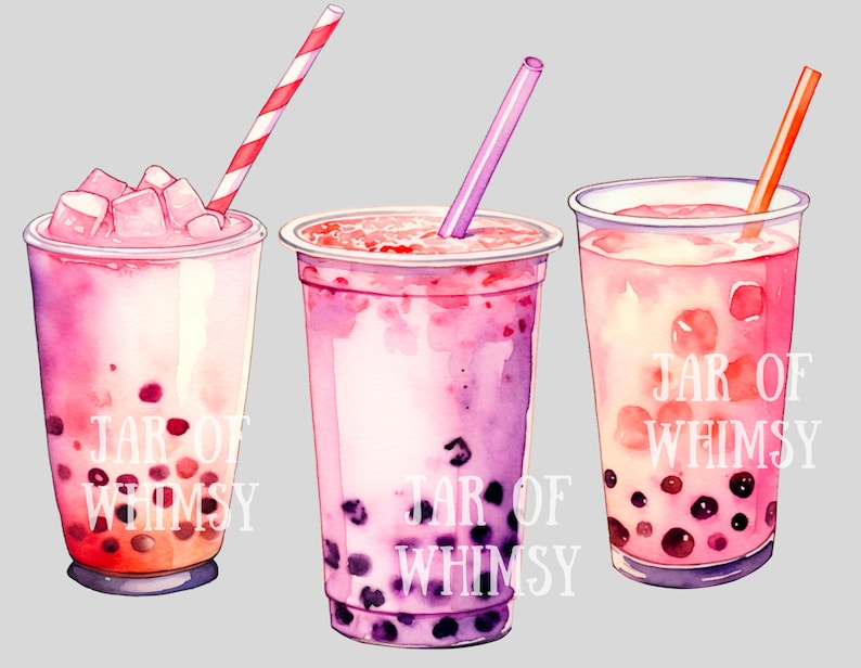 May include: Three clear plastic cups filled with pink and white bubble tea with tapioca pearls. The cups have straws and the text "JAR OF WHIMSY" is printed on each cup.