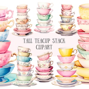 Acquerello alta tazza da tè Stack Clipart Pretty Tea Party PNG Download di immagini digitali per la creazione di cartoline Scrapbook Junk Journal Paper Crafts