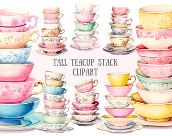 Watercolour Tall Teacup Stack Clipart Pretty Tea Party PNG Digital Image Downloads for Card Making Scrapbook Junk Journal Paper Crafts