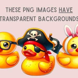 May include: Three yellow rubber duckies with different accessories. One duck is wearing a pirate hat and eyepatch, another is wearing glasses, and the third is wearing a pink bunny headband.