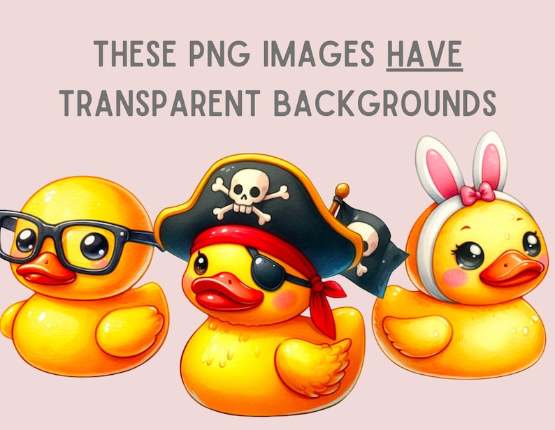 May include: Three yellow rubber duckies with different accessories. One duck is wearing a pirate hat and eyepatch, another is wearing glasses, and the third is wearing a pink bunny headband.