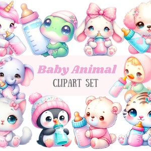 Acuarela bebé animal clipart Kawaii bebé niña animal PNG Descargas de imágenes digitales para la fabricación de tarjetas Scrapbook Junk Journal Paper Crafts