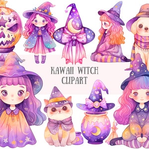 Aquarell Kawaii Hexe Clipart niedliche Chibi Hexe Mädchen PNG digitale Bild-Downloads für die Kartenherstellung Scrapbook Junk Journal Papierhandwerk