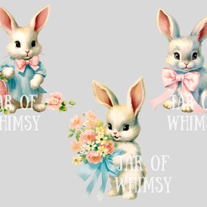 Puede incluir: Tres ilustraciones de conejos blancos con lazos rosas y azules. Los conejos sostienen un huevo de Pascua, un ramo de flores y una cinta rosa. El texto "Jar of Whimsy" aparece debajo de cada conejo.