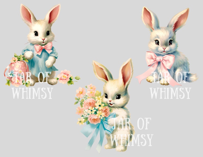 Puede incluir: Tres ilustraciones de conejos blancos con lazos rosas y azules. Los conejos sostienen un huevo de Pascua, un ramo de flores y una cinta rosa. El texto "Jar of Whimsy" aparece debajo de cada conejo.