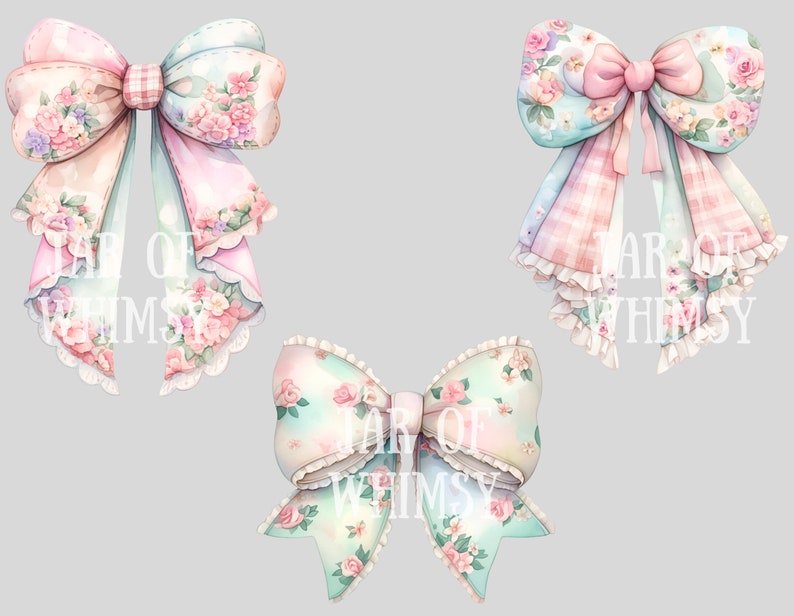 Puede incluir: Tres lazos de color pastel con patrones florales y ribetes de encaje. Los lazos est&aacute;n atados con una cinta rosa y tienen una est&eacute;tica vintage.
