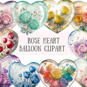 Clipart de balões de coração rosa aquarela - download de imagens digitais PNG do dia dos namorados para fazer cartões, álbum de recortes, diário de lixo, artesanato em papel