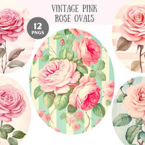 Akwarela Vintage Różowa Róża Clipart Różowy i Miętowy Kwiatowy PNG Pobieranie Obrazów Cyfrowych do Tworzenia Kartek Scrapbook Junk Journal Paper Crafts