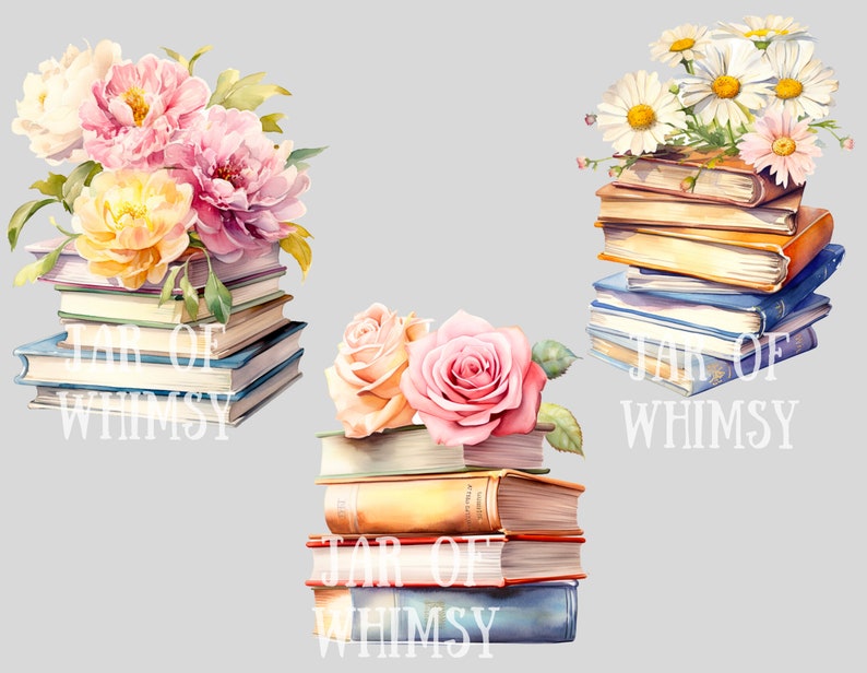 Puede incluir: Tres pilas de libros con arreglos florales en la parte superior. Los libros son de diferentes tama&ntilde;os y colores. Las flores son rosas, amarillas y blancas. El texto en los libros dice "Jar of Whimsy".