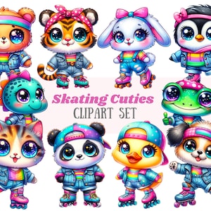 Acquerello pattinaggio a rotelle animale Clipart Kawaii animali PNG download di immagini digitali per la creazione di carte Scrapbook Junk Journal Paper Craft