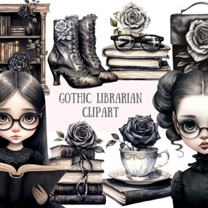 Bibliothécaire gothique aquarelle amateur de livres Clipart PNG Image numérique à télécharger pour faire des travaux manuels en papier Scrapbooking Journal indésirable