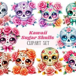 Aquarell Kawaii Zucker Schädel Clipart Tag der Toten Calavera PNG digitale Bild-Downloads für die Kartenherstellung Scrapbook Junk Journal Crafts