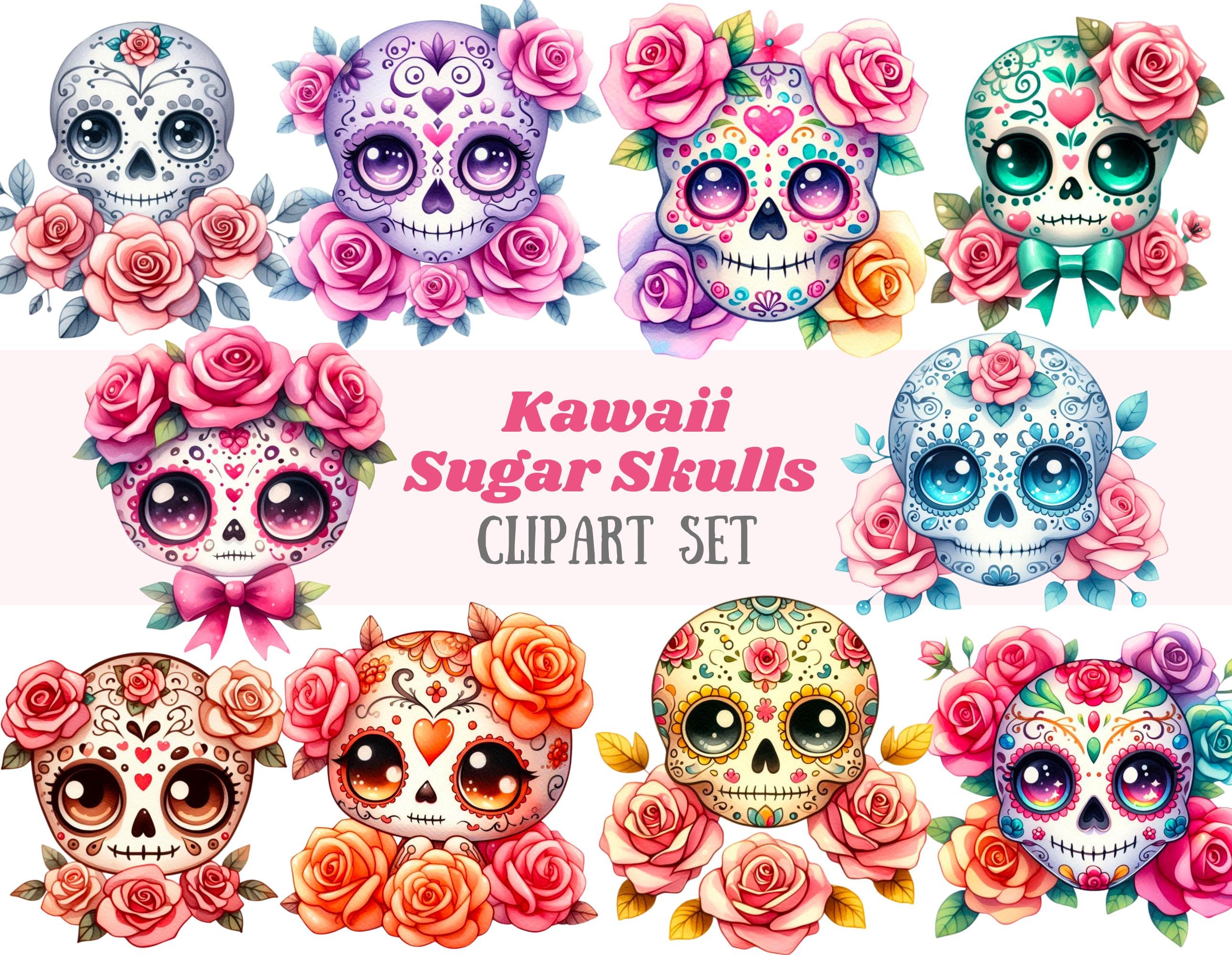 Watercolour Kawaii Sugar Skull Clipart Day of the Dead Calavera PNG Digital Image Downloads for Card Making Scrapbook Junk Journal Crafts