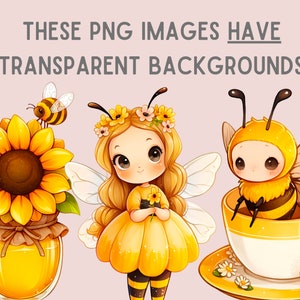 May include: A digital illustration of a cute bee fairy with yellow and white wings, a yellow dress, and a sunflower crown. The fairy is holding a small yellow flower. There is also a bee in a teacup and a jar of honey with a sunflower on top.