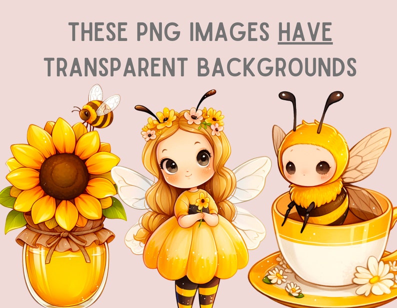 May include: A digital illustration of a cute bee fairy with yellow and white wings, a yellow dress, and a sunflower crown. The fairy is holding a small yellow flower. There is also a bee in a teacup and a jar of honey with a sunflower on top.