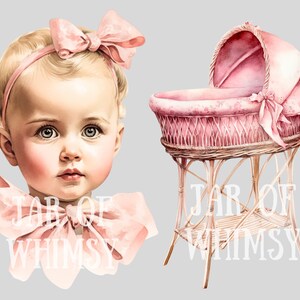 May include: A pink wicker baby bassinet with a pink canopy and a pink bow. The bassinet is on a white background. The text "JAR OF WHIMSY" is visible on the bassinet.