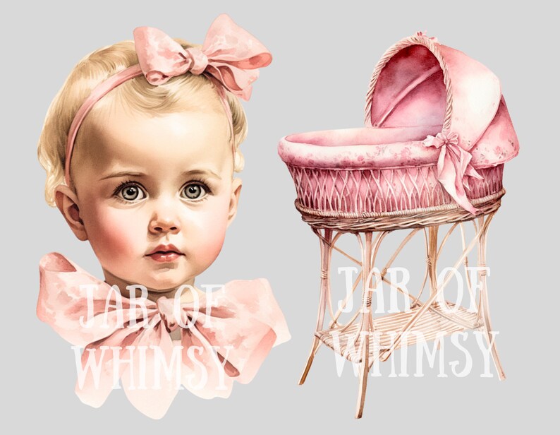 May include: A pink wicker baby bassinet with a pink canopy and a pink bow. The bassinet is on a white background. The text "JAR OF WHIMSY" is visible on the bassinet.